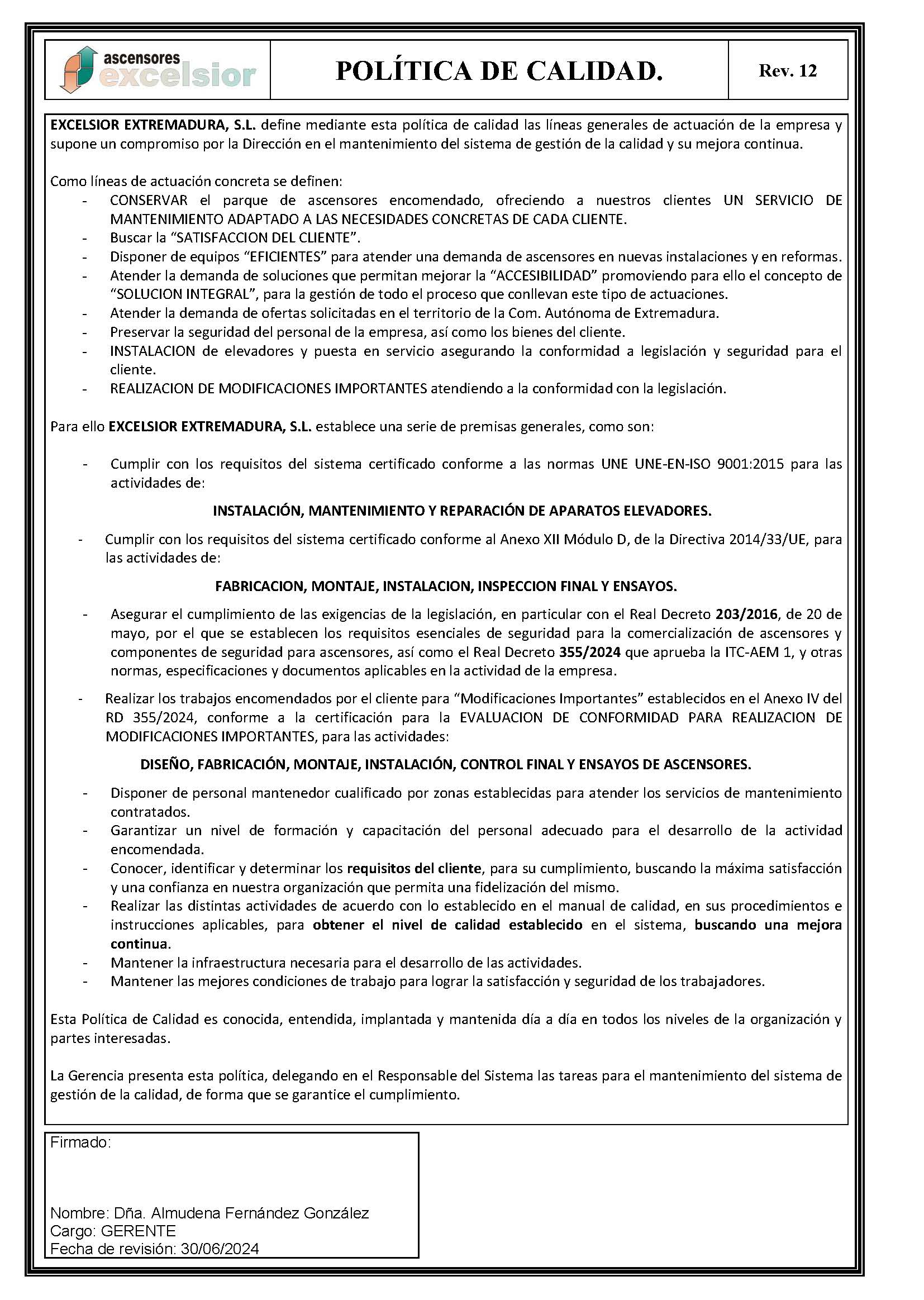 rev 12 Politica Calidad Excelsior 2024 Política de calidad Excelsior Extremadura